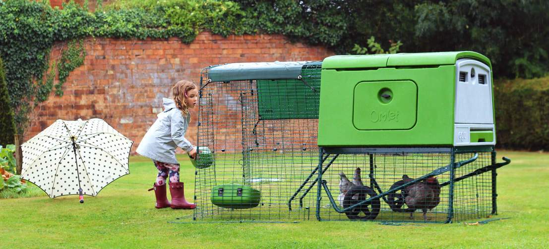 En pige, der fodrer sine høns i en have med et Cube hønsehus med en hønsegård