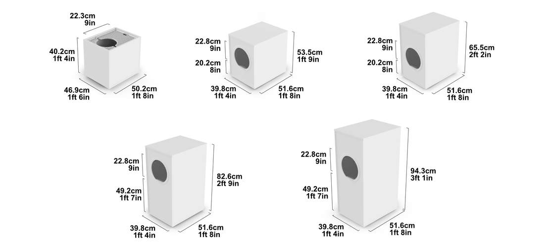 Et billede, der viser alle størrelser af dimensioner for kattebakken Maya Et billede, der viser alle størrelser af dimensioner for kattebakken Maya