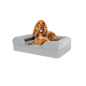 Hund sidder på medium stone grey memory foam bolster hundeseng