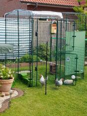 En løbegård med høns indenfor og hønsehegn og foderautomat