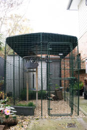 En catio indhegning sat op i en have.