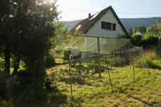 Hønsehegn lukket med ekstra net i toppen i en have, med et hus i baggrunden