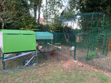Omlet green Eglu Cube stor hønsegård og løbegård forbundet med en løbegård til høns