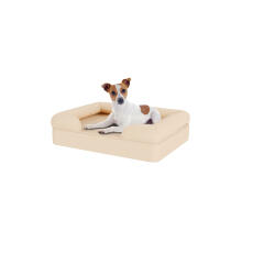 Hund sidder på en lille naturlig beige skumgummibolster hundeseng