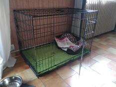 Et transportbur til en hund fremstillet af trådnet