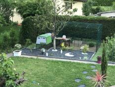 En anlagt have med en stor grøn Cube hønsegård og en tilknyttet løbegård med en walk in run
