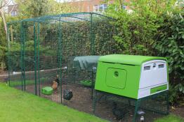 En stor grøn Eglu Cube hønsegård med en løbegård og høns indenfor