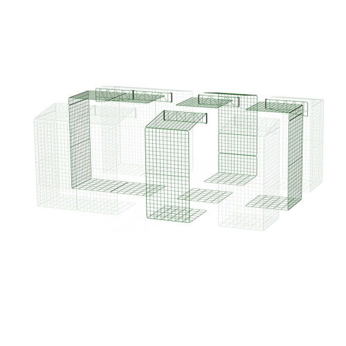 Et diagram af en walk in run med undergulvsnet, der ændres fra 3x2x2 til 4x3x2