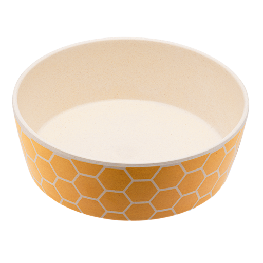 En skål til kæledyr i gul med et Geometrisk design.
