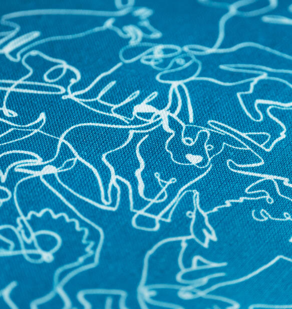 Nærbillede af håndtegnet blå hundeseng