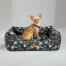 Chihuahua sidder i en Omlet rede-seng i Midnight Meadow-mønsteret Chihuahua sidder i en Omlet rede-seng i Midnight Meadow-mønsteret