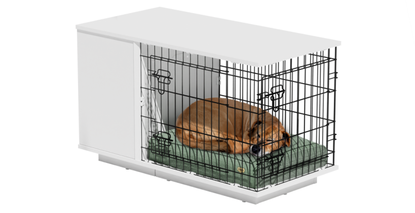 Hund, der sover i en hundekasse