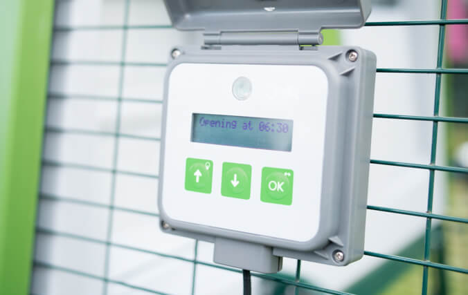 Control panel for the automatic chicken coop door by Omlet