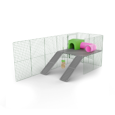 Zippi platforme til kaningård - 4 paneler med grønt shelter, legetunnel og Caddi godbidsdispenser
