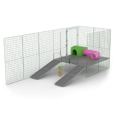 Zippi platforme til marsvinegård - 4 paneler med grønt shelter, legetunnel og Caddi godbidsdispenser