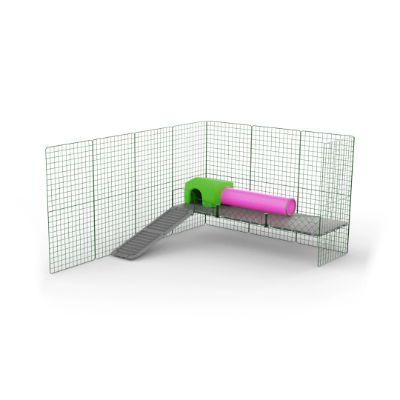 Zippi platforme til marsvinegård - 3 paneler med grønt shelter og legetunnel