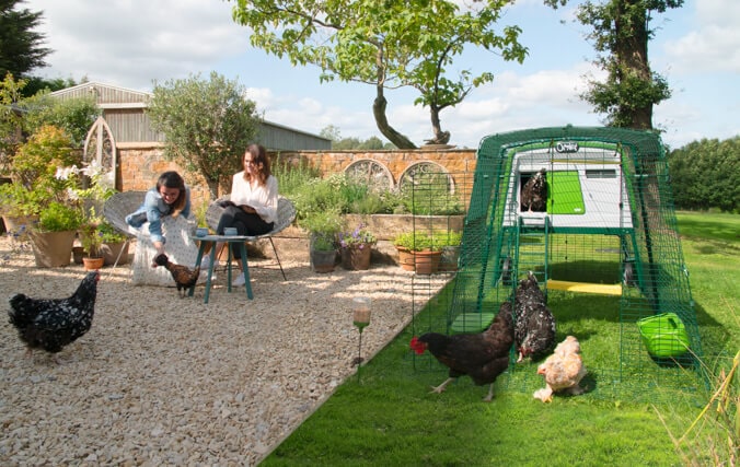 to kvinder spiser frokost i deres have og høns går frit omkring i deres store hønsegård eglu Cube